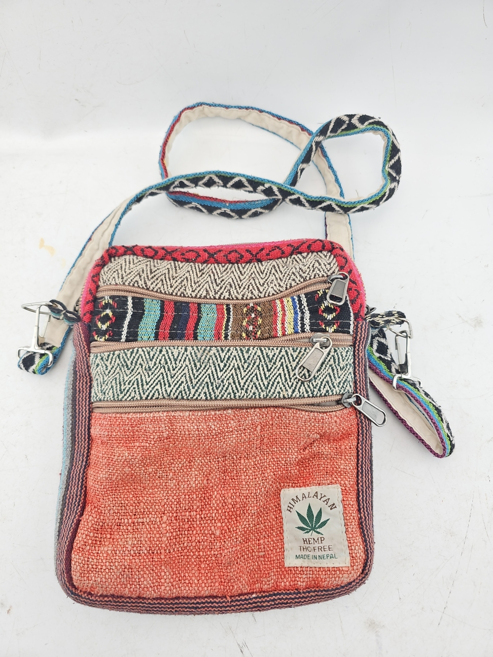 Himalayan Hemp Orange Woven Crossbody Bag with Patterned Strap